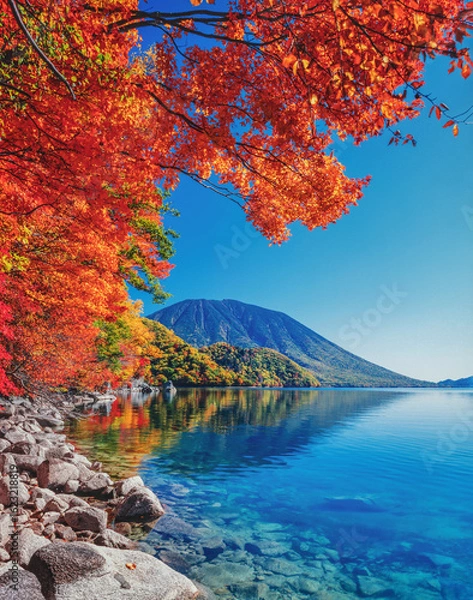Obraz 秋の中禅寺湖、千手ヶ浜の紅葉と男体山
