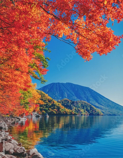 Obraz 秋の中禅寺湖、千手ヶ浜の紅葉と男体山