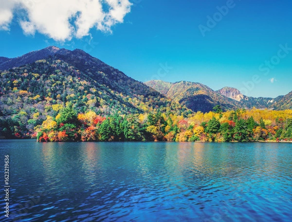 Obraz 紅葉する湯の湖と山並