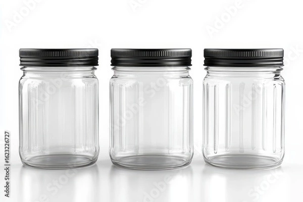 Obraz Three empty glass jars with black lids.