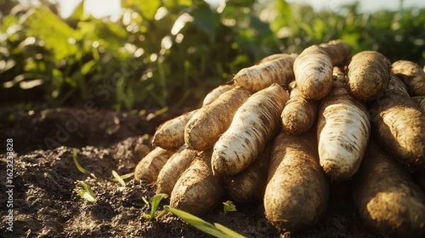 Obraz Close up of harvested parsnips piled on dark soil in a field with green foliage in the background