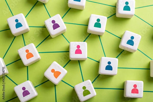 Obraz Connecting people network of figures on green grid