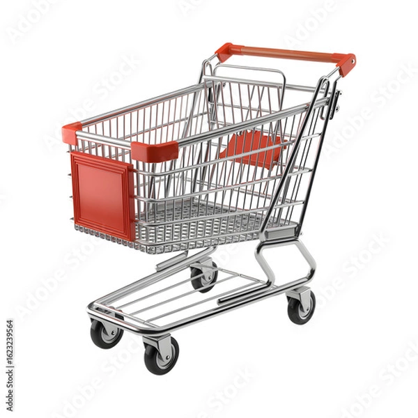 Fototapeta A shiny metal shopping cart with red accents on a stark Transparent background
