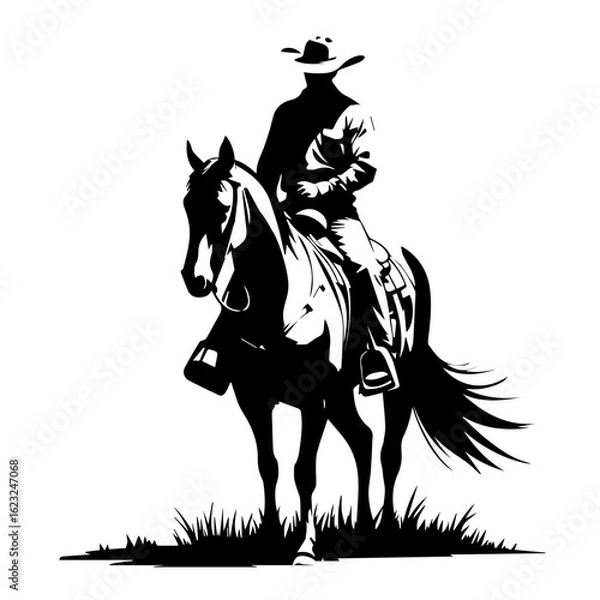 Fototapeta Vector silhouette of a cowboy riding a horse on grass isolated on white