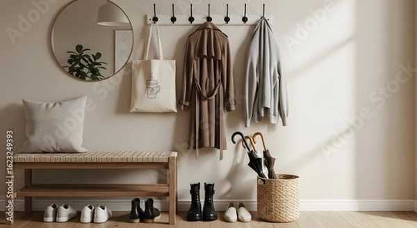 Fototapeta Neutral entryway with woven bench and coat rack, Minimalist entryway decor in beige tones with a coffee tote bag and umbrellas