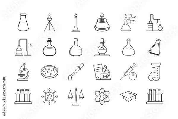 Fototapeta Science Research Icon Set. Laboratory equipment, chemistry, test tubes, microscope, beaker, flask, syringe, petri dish, DNA, research, science, and more. Editable stroke. Vector illustration.