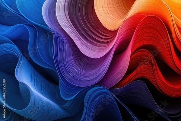 Obraz An intricate abstract composition of wavy lines in a spectrum of colors, blending from deep blues to fiery reds, creating a sense of depth and movement.