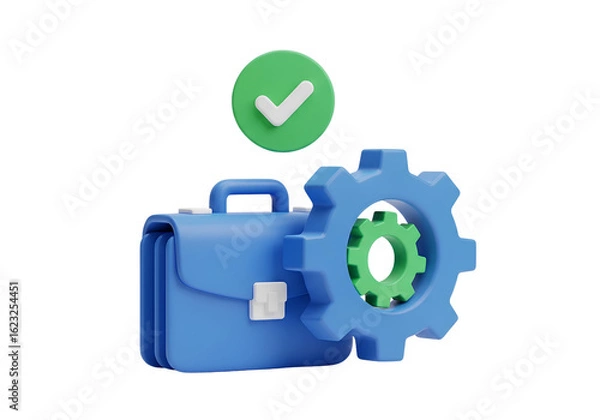 Fototapeta 3d icon of business success with gears and checkmark isolated on transparent background