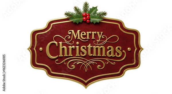 Fototapeta A christmas sign with holly berries and gold lettering on a maroon background for the holidays