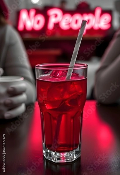 Fototapeta Red drink with ice and straw in glass cup on table with neon sign no people background