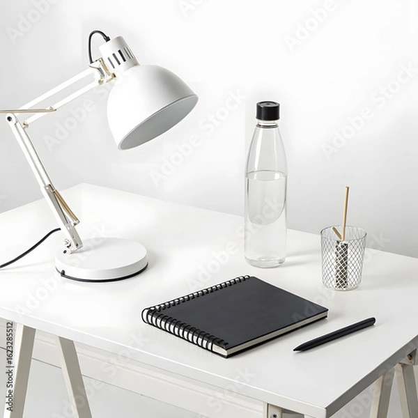 Fototapeta Modern white desk setup with adjustable lamp notebook pen and water bottle on a clean white surface