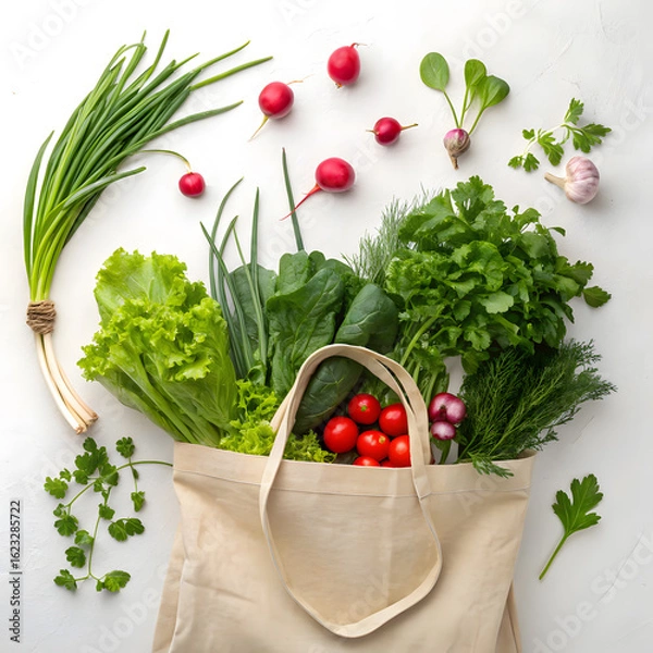 Fototapeta Fresh organic vegetables and herbs spilling out of a reusable canvas grocery bag on a white background
