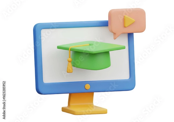 Fototapeta 3d icon of online education concept with computer monitor and graduation cap isolated on transparent background