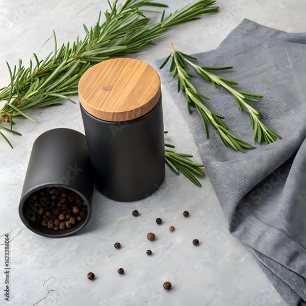 Fototapeta Fresh rosemary sprigs and peppercorns in a black grinder set on a textured gray surface with a linen cloth