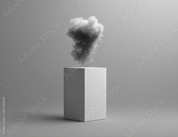 Obraz A large, gray cloud floats above a simple white cube