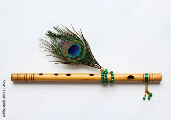 Obraz Krishna janmashtami photo of a wooden flute adorned with a peacock feather and green beads, representing lord krishna and his divine music, isolated on a white background