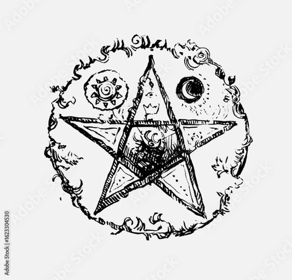 Fototapeta A detailed black and white ink drawing of a pentagram framed by intricate celestial and floral swirls, featuring sun and moon symbols, representing magic and the occult.