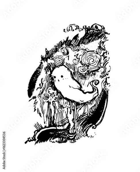 Fototapeta A surreal and spooky black and white ink drawing depicting a ghostly, ethereal creature with a distinct shape emerging from an abstract, swirling, and textured background.