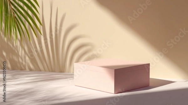 Fototapeta Light-filled display featuring a pale pink box and tropical leaf shadows.