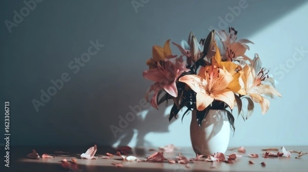 Fototapeta A bouquet of lilies in a vase, bathed in soft sunlight.