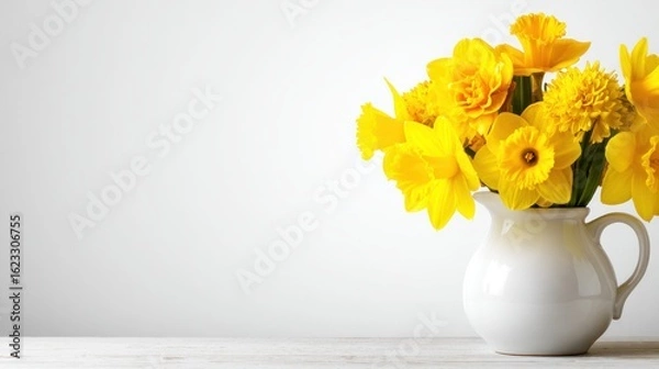 Fototapeta Yellow daffodils in a white pitcher.