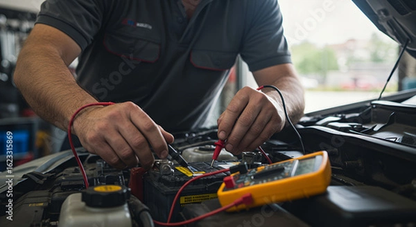 Fototapeta Auto mechanic testing car battery with a digital multimeter, realistic close-up, garage environment, natural daylight.