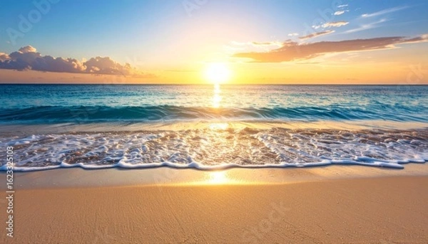 Fototapeta 夕陽が波に反射する南国のビーチの風景写真