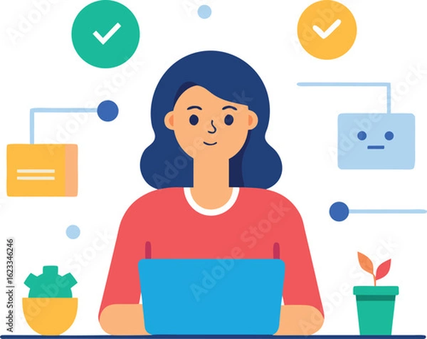 Fototapeta Young Woman Managing Tasks on a Screen While Collaborating