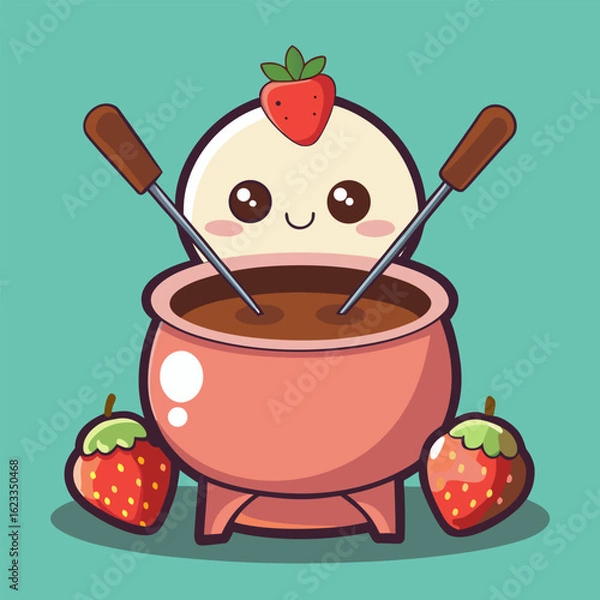 Fototapeta Chubby chick inside a chocolate fondue pot with a fruit skewer, dipping strawberries, cute cooking vector concept.