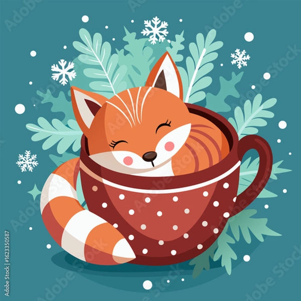 Fototapeta Winter fox curled up in a peppermint cocoa cup, snowflakes falling around, cozy seasonal flat vector design.