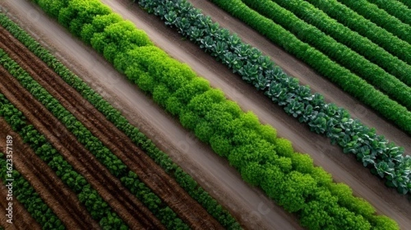 Fototapeta Aerial View Symmetrical Rows Agricultural Field