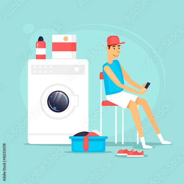 Fototapeta Guy in his underwear waiting for the end of washing. Flat vector illustration in cartoon style.