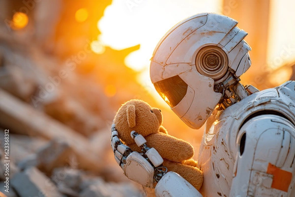 Obraz Humanoid robot gently holds a teddy bear amidst a backdrop of ruins at sunset