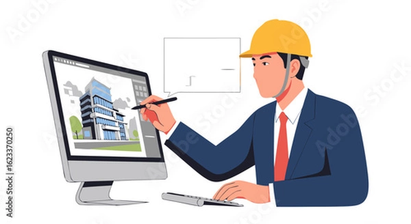 Fototapeta Architectural Design Process: An Engineer Creates Building Blueprints on Computer Software with a Protective Helmet Demonstrating Precision