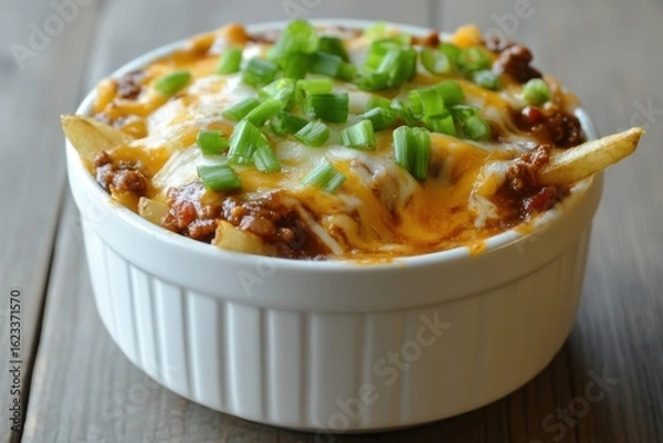 Fototapeta Bowl of chili cheese fries topped with green onions on a wooden table