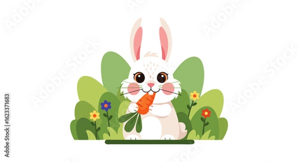 Fototapeta Delightful bunny enjoying a carrot amidst floral foliage in a serene garden scenery