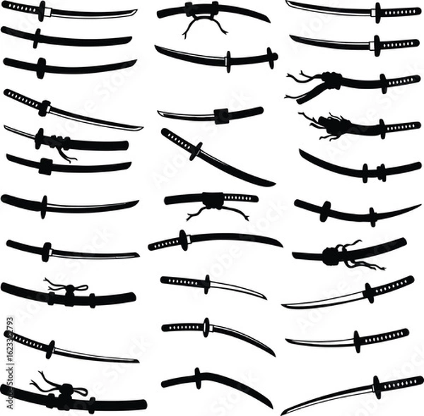 Fototapeta Katana Sword Vector Silhouette Illustration Set. A comprehensive collection of Japanese samurai sword designs for martial arts, history, and culture concepts.