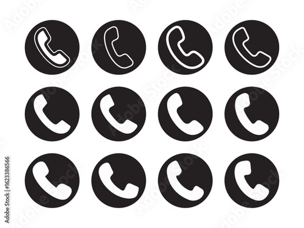 Fototapeta Phone icon set in circular black backgrounds for communication design and mobile interface applications