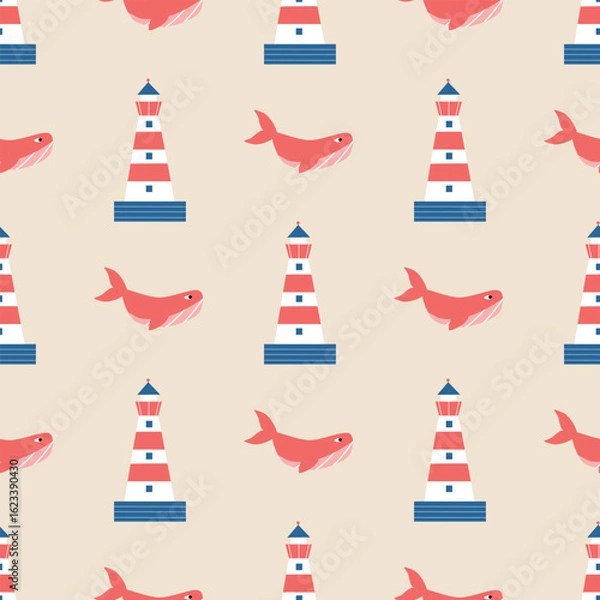 Fototapeta Cute red whales and lighthouse hand drawn vector illustration. Funny marine seamless pattern for kids fabric or wallpaper.
