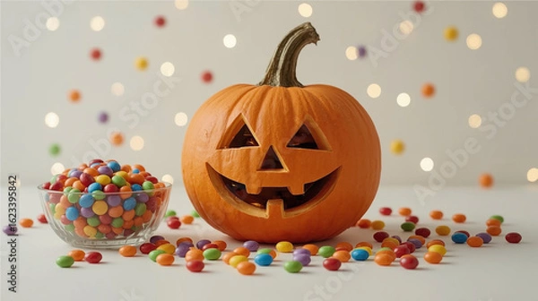 Fototapeta Halloween Jack-O'-Lantern with Colorful Candies and Festive Lights. Close-up of a carved pumpkin jack-o'-lantern with a bowl of colorful candies and bokeh festive lights in the background.