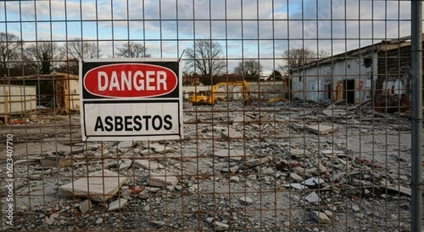 Obraz Asbestos warning sign on chain-link fence surrounding contaminated construction site with rubble and excavator