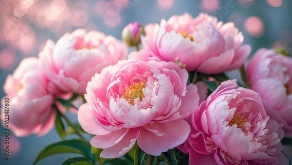 Fototapeta Pink peonies in full bloom with soft blurred background, showcasing vibrant colors and delicate petals.