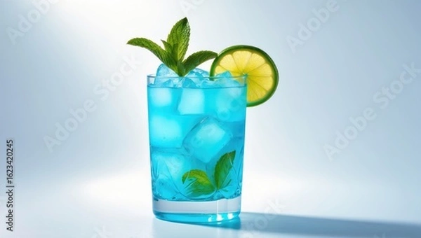 Obraz A refreshing blue cocktail with mint, ice, and lime slice on a light background.