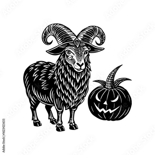 Fototapeta A stylized illustration of a ram with large horns standing next to a carved Halloween pumpkin, rendered in a black and white woodcut style.
