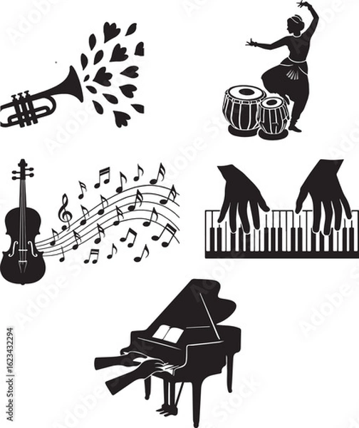 Fototapeta Violin with flowing music notes ,Piano keyboard with hands playing,   Tabla with traditional Indian dancer pose,Black and white silhouette ,Musical Fusion Silhouette  Violin, Piano & Tabla with Cla