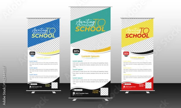 Obraz Education and school admission banner design template, education roll-up banner design template, and three-color stand banner bundle