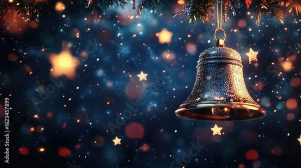 Fototapeta A beautifully colored drawing of a Christmas bell surrounded by twinkling stars with glowing accents