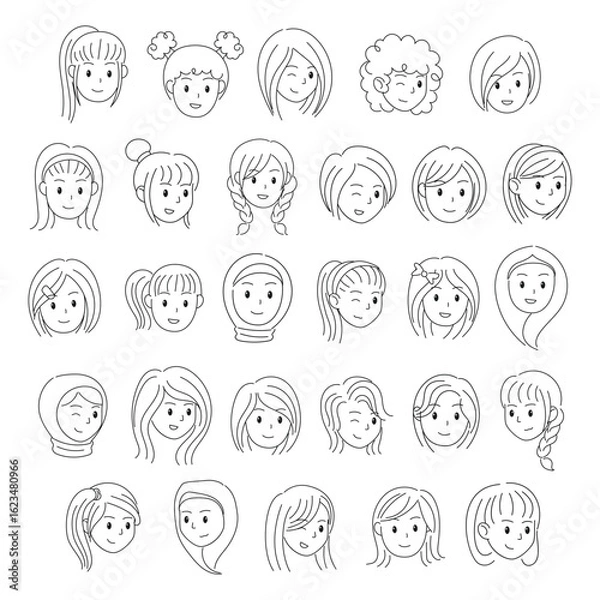 Obraz Female Face with Various Hairstyles and Expressions Doodle Cartoon Outline Vector Illustration Collection