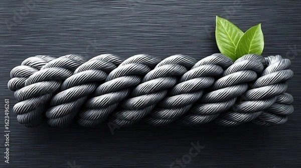 Fototapeta Layered lattice of reflective steel cables arranged in diagonal tension patterns over a dark brushed background