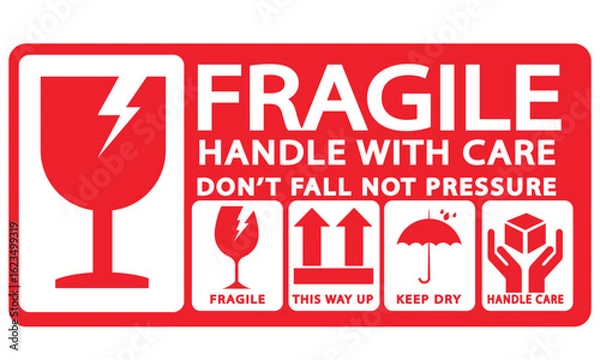 Fototapeta sticker fragile handle with care, red fragile warning label with broken glass symbol, this side up sign